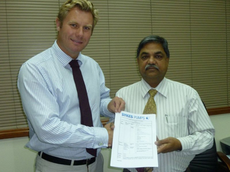 CDATA[It is with great pleasure that we announce that Sykes Pumps International (UK) Ltd and Ali M.TH. Alghanim & Sons General Trading w.l.l. (a member of Ali Alghanim & Sons Group of Companies) have signed a renewed and exclusive Distributor Partnership Agreement for the territory of Kuwait.
This renewed agreement was signed with Ali M.TH. Alghanim & Sons General Trading w.l.l. during a recent visit to Kuwait and represents the re-launch of our local pump supply solution for Sykes dewatering pumps and the full range of dewatering pump accessories.
![kuwait-agreement Signing of new distributor agreement (during recent visit between Ian Atkinson from Sykes Pumps and Mr K.K.Aggarwal, General Manager, Ali Alghanim & Sons Heavy Equipment)