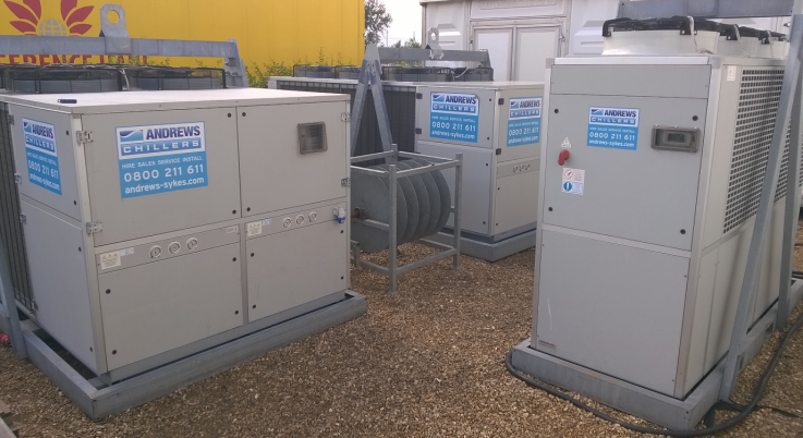 Andrews Chiller outdoor site Temporary Andrews Chillers units installed on site to provide emergency and planned cooling support.