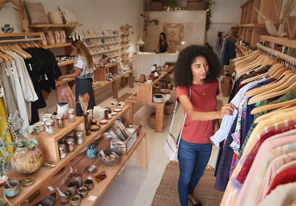 Customer browsing clothes in a boutique-style retail shop with warm, inviting lighting.