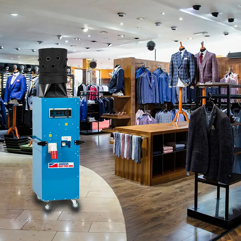 Andrews Heat for Hire DE95 360 portable electric heater operating inside a store to maintain a warm retail environment.