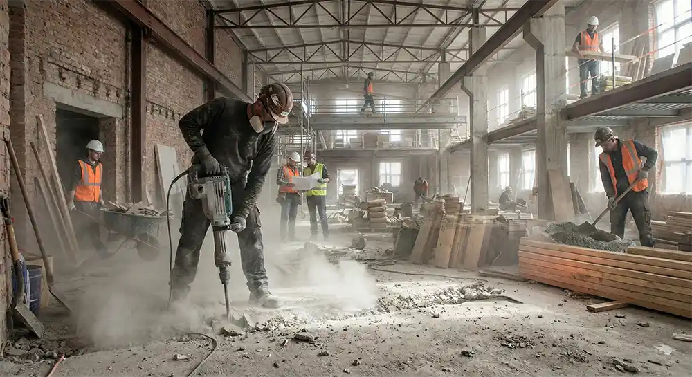 Construction worker using a jackhammer inside a building generating heavy dust during demolition