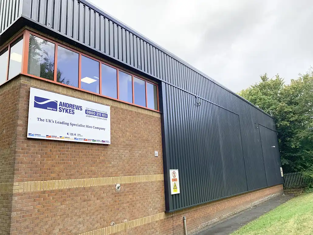 Andrews Sykes North West hire depot banner Banner of Andrews Sykesโ new Irlam, North West depot, highlighting its as the UKโs leading specialist hire company.